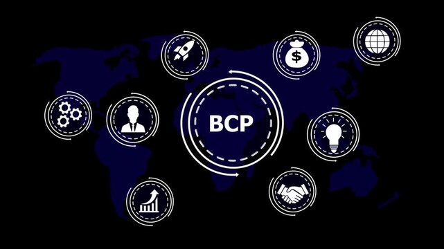 Business Continuity Planning BCP concept with icons on world map and black background Keywords: BCP, business continuity planning, world map, global, strategy, planning, risk management