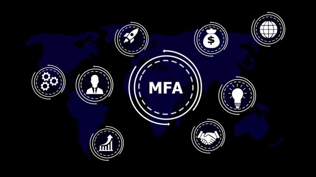 Multi- Factor Authentication MFA concept with icons on world map and black background Keywords: MFA, multi-factor authentication, world map, global, security, access, verification