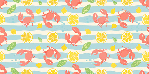 Seamless summer pattern with crabs citrus fruits and striped waves © Sukla
