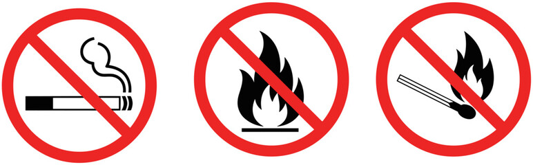 No smoking and no open flame sign set, red prohibition fire and match symbols isolated on light background vector illustrationNo smoking and no  © Tohidul