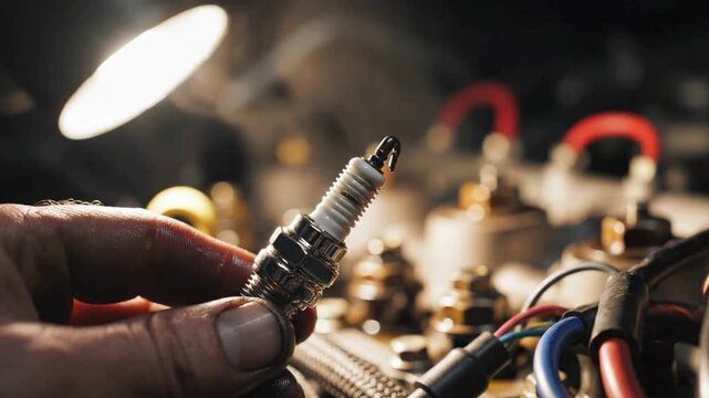 Hand holding a spark plug during car engine service. Essential auto repair and maintenance work by a professional mechanic.