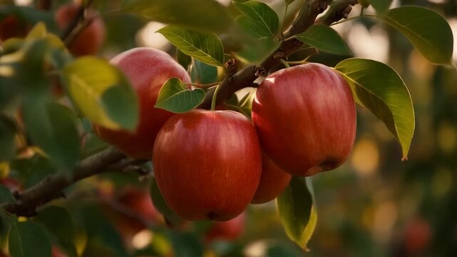 Ripe red apples on tree branch in golden sunset light at orchard, atmospheric cinematic shot