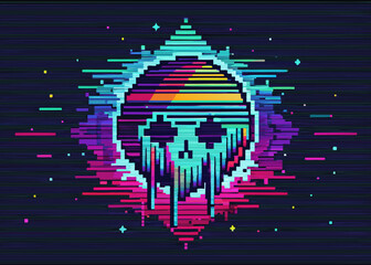 A vibrant pixel art illustration of a skull with a neon glitch effect and horizontal scan lines.