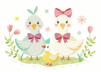 Adorable duck family illustration with pastel colors and flowers in a whimsical style