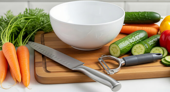 Still life featuring fresh vegetables bowl knife and peeler on a wooden cutting board surface
