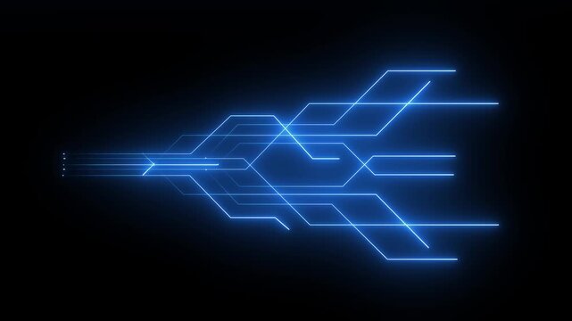 Digital circuit chipset board processor pattern. Neon circuit board shiny technology motion design. neon lines illuminate a black background, electronic circuit board. 