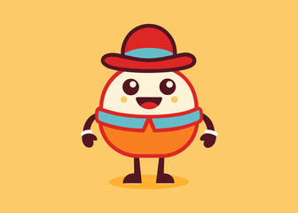 Cute cartoon character of an egg wearing a red hat and orange pants on a yellow background.
