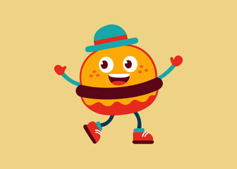 Happy cartoon hamburger character wearing a blue hat and red shoes dancing on a yellow background.