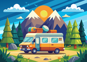 Pixel art illustration of a colorful camper van traveling through a mountain landscape at sunset.