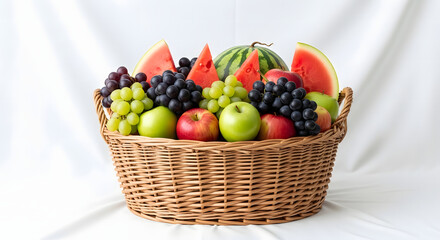 Fresh fruit basket with apples grapes watermelon on white background transparent background
