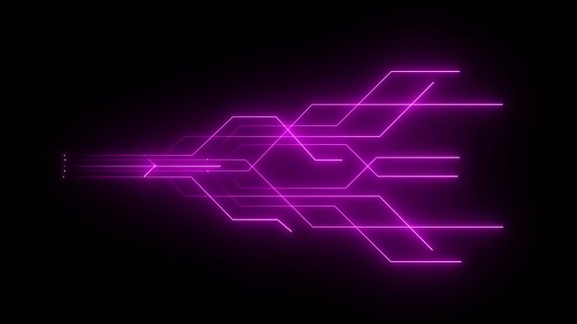 Digital circuit chipset board processor pattern. Neon circuit board shiny technology motion design. neon lines illuminate a black background, electronic circuit board. 