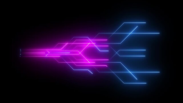 Digital circuit chipset board processor pattern. Neon circuit board shiny technology motion design. neon lines illuminate a black background, electronic circuit board. 