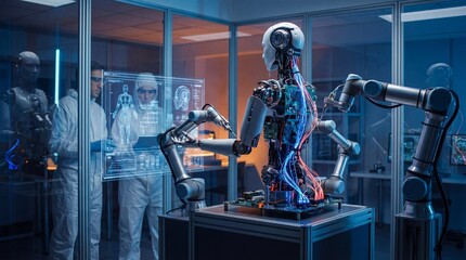Fototapeta premium Advanced Robotic Research Lab with Conductive Wiring and Scientists Analyzing Robotic Technology