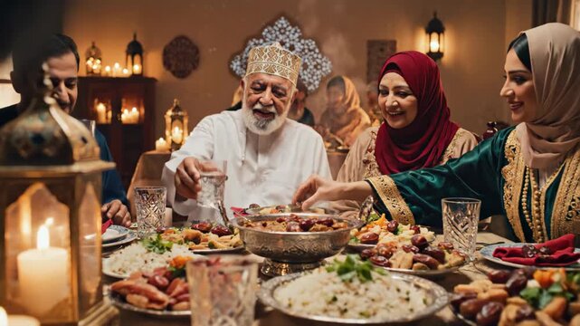 Multi-generational Muslim family celebrating Ramadan Iftar dinner, breaking their fast with traditional food and drinks at a beautifully lit table in a festive, warm setting.