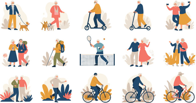 Active senior people lifestyle illustration set with elderly couples walking, cycling, playing sports, and enjoying outdoor leisure activities in modern flat vector style