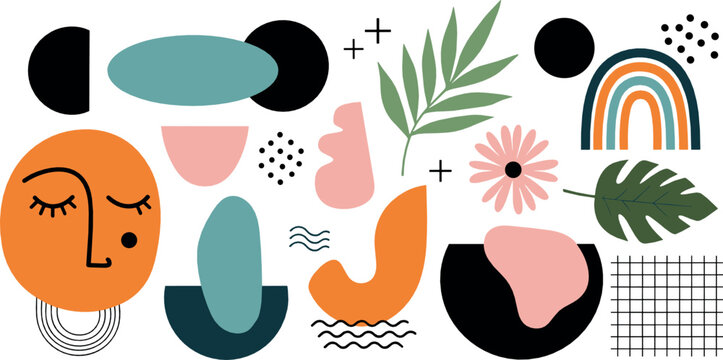 Abstract modern shapes illustration with organic forms face elements leaves and geometric patterns minimalist flat vector design for contemporary art posters and branding projects