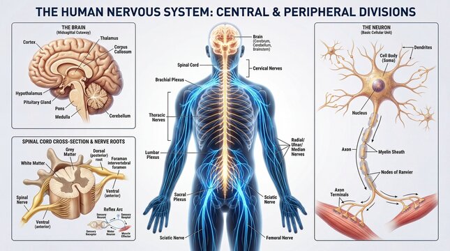 Detailed Illustration of the Human Nervous System with Labels for Central and Peripheral Divisions
