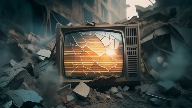 Broken vintage CRT television set with cracked screen glowing amidst concrete rubble, dust and debris in a dramatic post-apocalyptic war zone aftermath