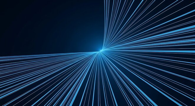 A central bright blue light source emitting sharp glowing rays across a dark background, representing digital data and speed.