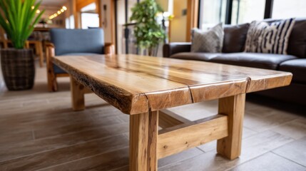 Obraz premium Rustic wooden table with sturdy legs and unique edge detailing, placed in a cozy living room interior with warm lighting 