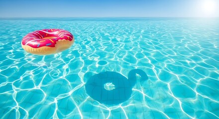 Top view of a pink donut swim ring floating in crystal clear turquoise swimming pool water for fun summer vacation and leisure