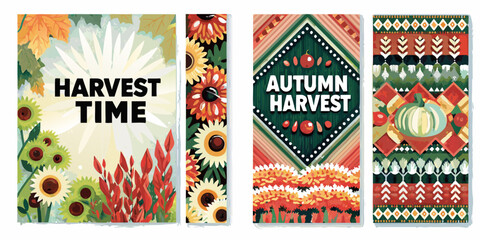 Four vertical banners featuring autumn harvest themes with floral and geometric designs © Tithi