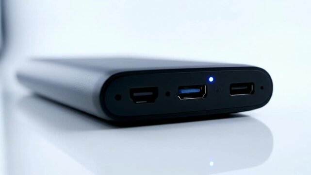 Close-up of a sleek black power bank showing USB and HDMI ports with a glowing blue indicator light, highlighting modern connectivity and portable p...