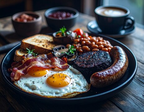 Classic Full English Breafast with Fried Eggs, Sausages and Baked Beans in Cozy Cafe Setting
