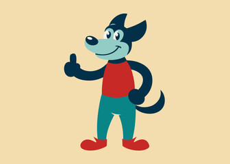 A blue-grey dog cartoon character in a red shirt and teal pants stands giving a cheerful thumbs-up.
