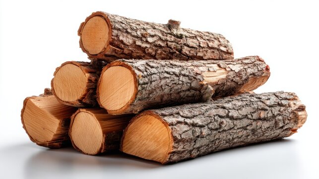 Stack of freshly cut pine firewood logs with natural textures isolated on white background, perfect for winter home decor 