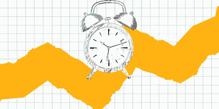 An antique alarm clock positioned over a vibrant orange line graph