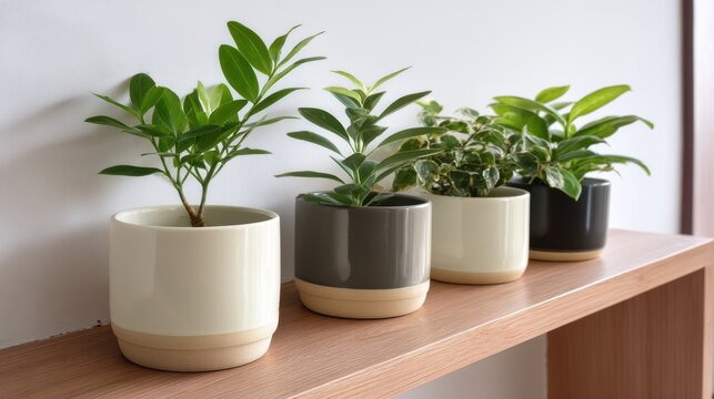 Stylish ceramic plant pots with green indoor plants on modern living room shelf, adding freshness to home decor 