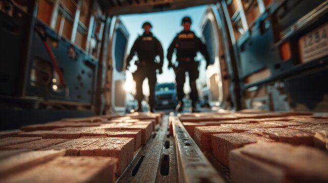 Two police officers stand inside a van filled with stacks of seized bricks, likely representing confiscated drugs or contraband.