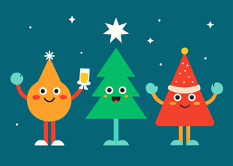 Three cheerful cartoon Christmas mascots, a circle, tree, and triangle, celebrating with a drink on a dark blue snowy background.
