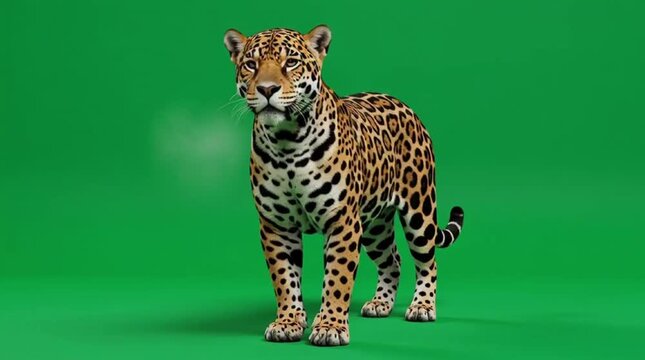 A leopard stands on green screen