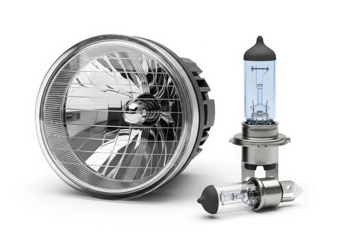 A car headlight with a replacement bulb next to it on a white background