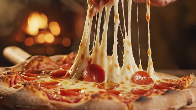 Close up of delicious melted cheese and pepperoni on hot pizza with gooey cheese stretching over slices