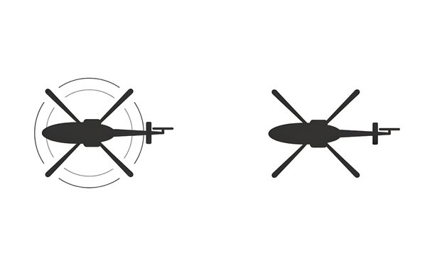 Isolated black silhouettes of helicopters on a white background. Icons of helicopters viewed from above.