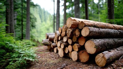 Wooden logs stacked neatly in a forest, symbolizing sustainable forestry and eco-friendly materials 