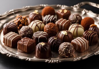 Luxury Assorted Chocolate Truffles And Gourmet Pralines Arranged On Elegant Silver Platter Over Dark Professional Studio Background