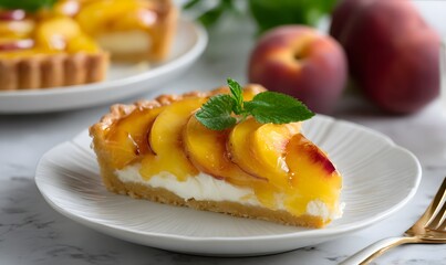 A slice of fresh peach tart with elegant layers of sliced juicy peaches, glazed and shiny, almond cream filling