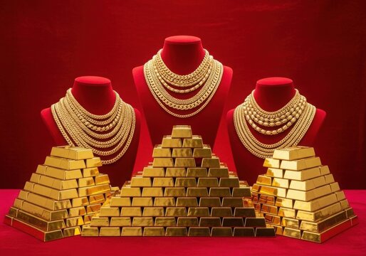 Luxurious gold necklaces displayed on mannequins surrounded by gold bricks