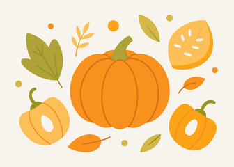 Naklejka premium An assortment of hand-drawn flat style orange pumpkins, half-pumpkins with seeds, and autumn leaves scattered on a light background.