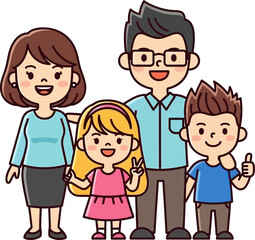 Happy cartoon family with two children standing together smiling.