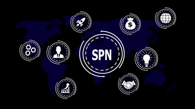 Global Business Network with SPN Acronym and Icons Representing Growth and Innovation world map