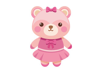 Fototapeta premium A charming pink cartoon bear toy wears a dress and a prominent ribbon bow on a stark white background.
