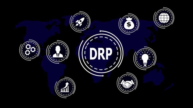 Global disaster recovery plan concept with DRP in center and icons around world map network