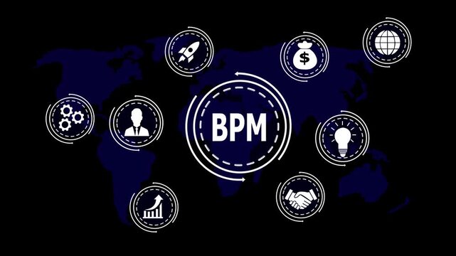 Global business process management concept with BPM in center and icons around world map network