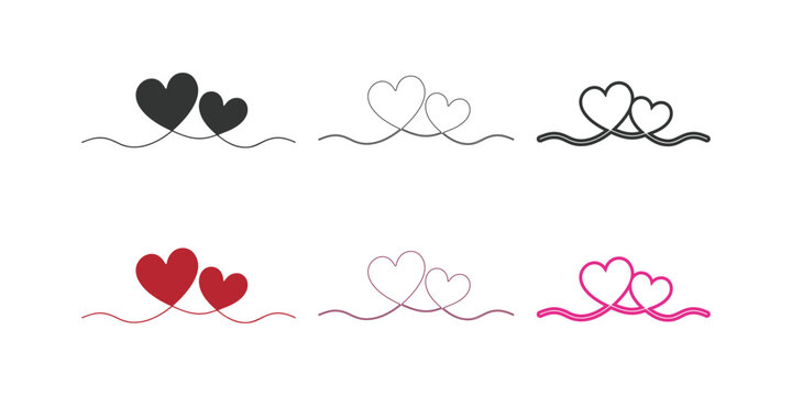 Two love hearts vector illustation art design. ribbon calligraphy line decoration, intertwined hearts outlines, greeting invitation, wedding love, valentines, mother day, romantic feelings.