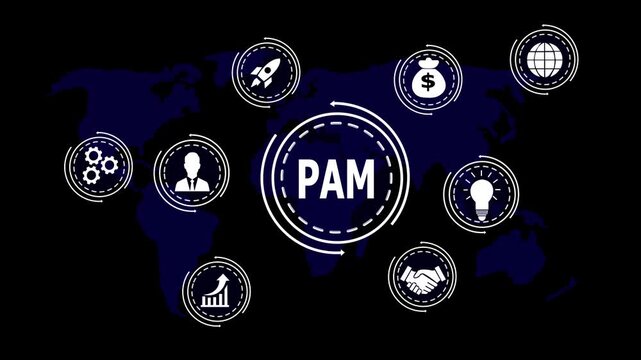 World map with PAM acronym and icons symbolizing business growth strategy and global connections image